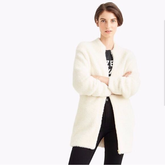 point sur j crew white zip up long line fuzzy teddy jacket small cozy - Picture 2 of 8